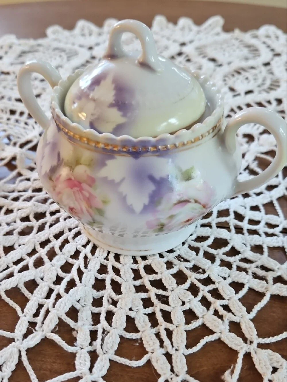 Antique PK Silesia Lidded Sugar Bowl Rose Lusterware Germany Circa 1886-1914